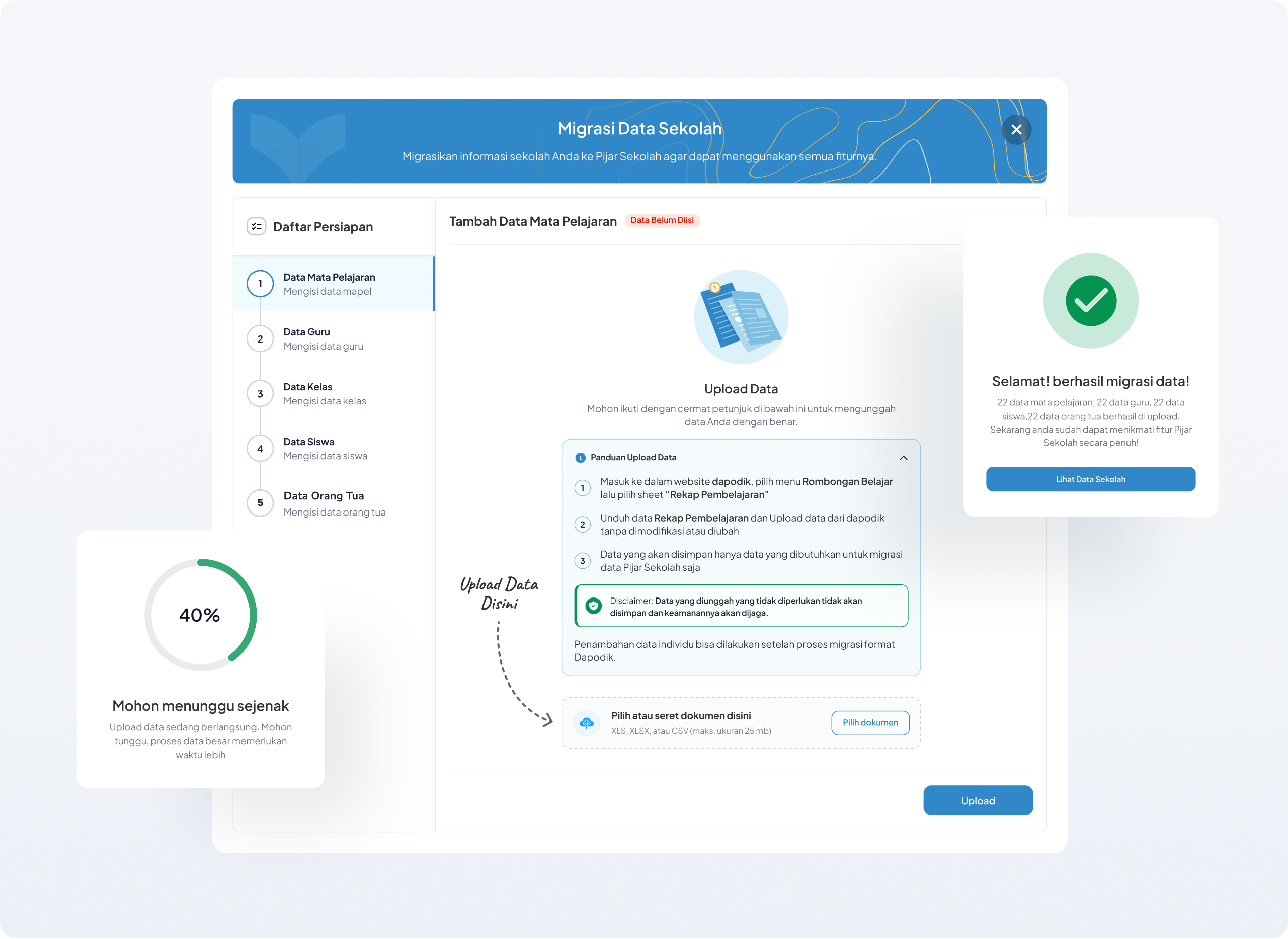 Pijar — DAPODIK migration wizard, upload and success states