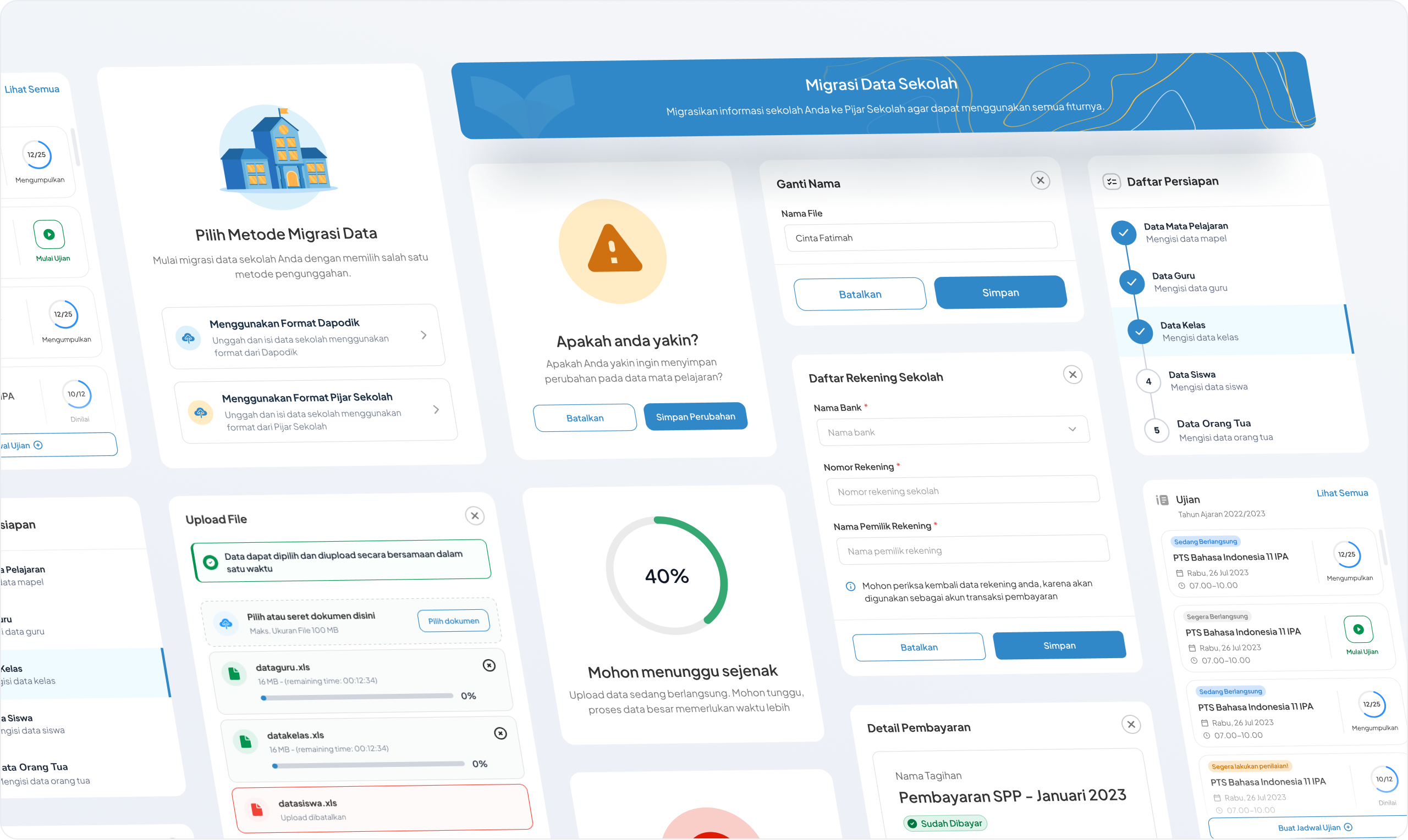 Pijar — school data migration wizard screens